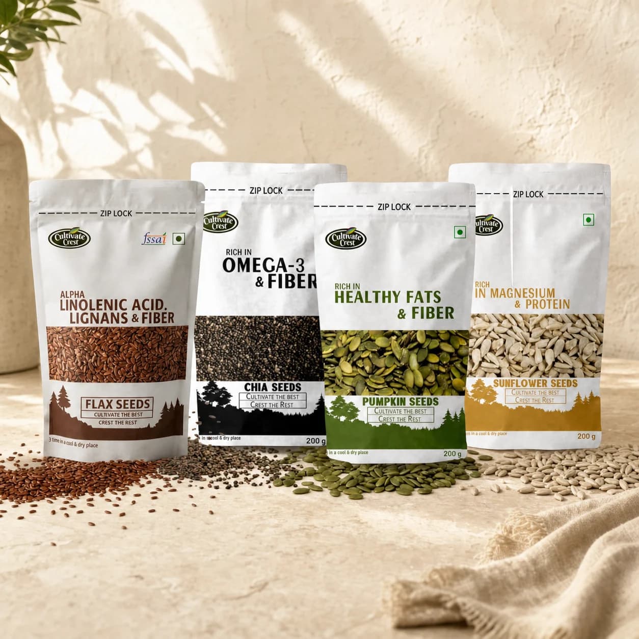 CultivateCrest flax, chia, pumpkin and sunflower seed packs with their natural seeds